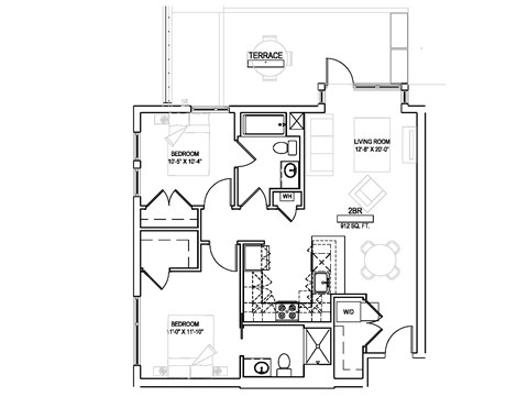 A floor plan of a house with two bedrooms, a living room, a bathroom, and a terrace.